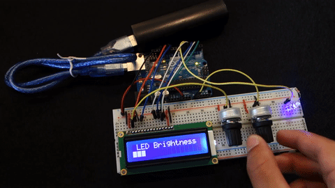 Демонстрация регулировки яркости светодиода с индикатором прогресса на LCD 16x2
