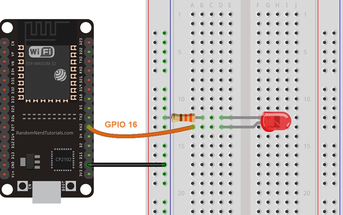 Схема подключения светодиода к ESP32 для управления яркостью через ШИМ