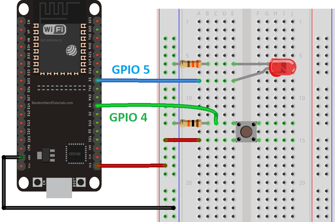 Схема подключения светодиода и кнопки к ESP32