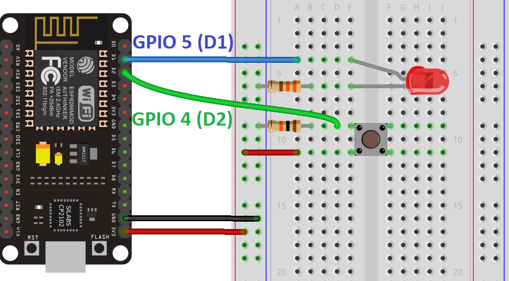 Схема подключения светодиода и кнопки к ESP8266