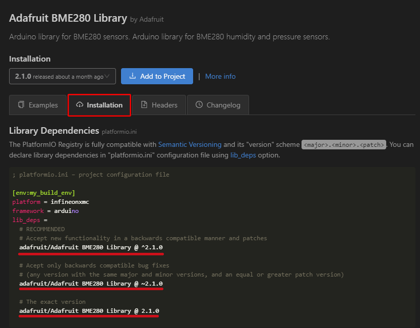 Меню реестра библиотек расширения PlatformIO IDE