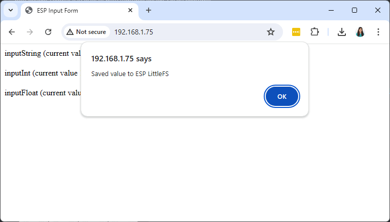 Предупреждающее сообщение HTML-формы ESP32 ESP8266 о сохранении данных в LittleFS