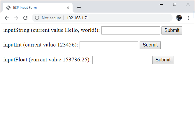 HTML-форма ESP32 ESP8266 с 3 полями ввода для сохранения данных в LittleFS
