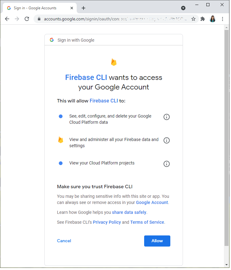 Вход в учетную запись Firebase разрешение Firebase CLI