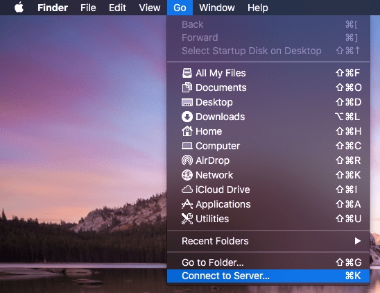Mac OS X — Finder — Подключиться к серверу