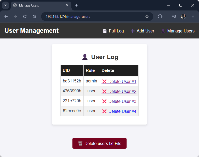 ESP32 RFID система управления пользователями веб-сервер журнал пользователей удаление