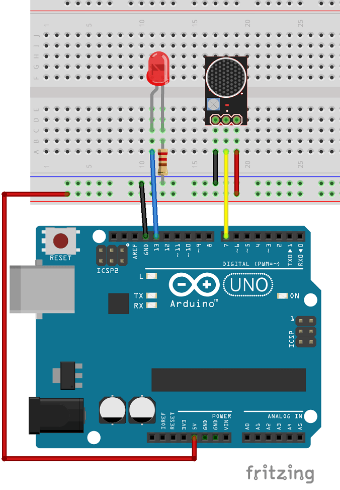 Схема подключения микрофонного датчика звука к Arduino