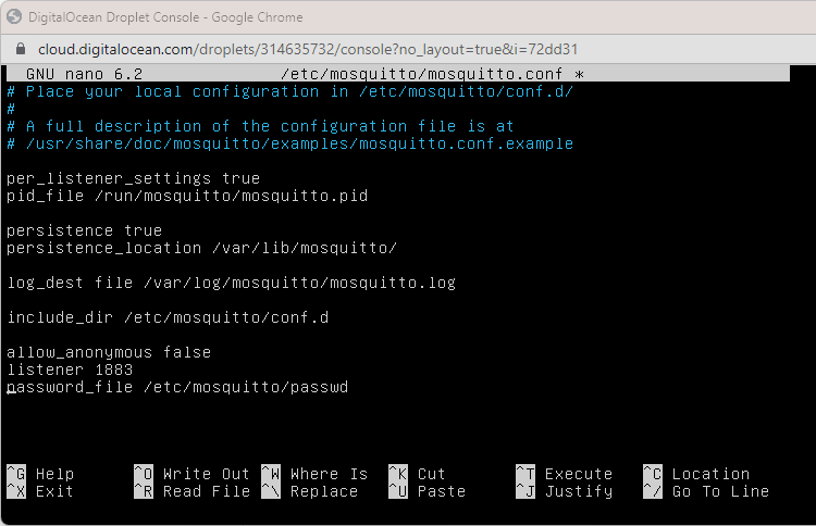 Файл конфигурации Mosquitto на Digital Ocean