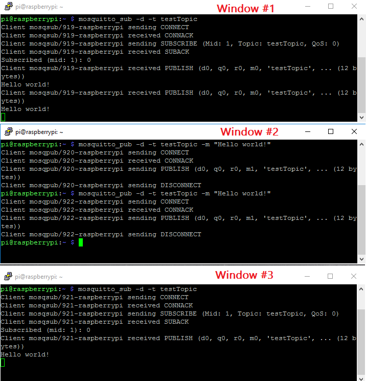 Два подписчика получают сообщение от одного издателя Mosquitto