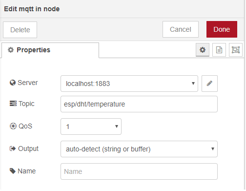 Свойства узла MQTT In ESP32 публикация температуры и влажности Node-RED Flow