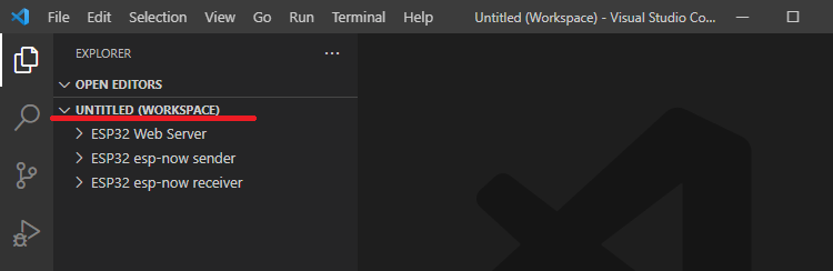 Многокорневая рабочая область с тремя папками VS Code ESP32 ESP8266