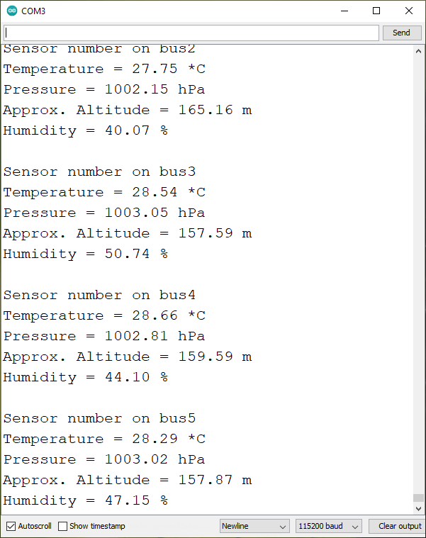 Демонстрация нескольких датчиков BME280 с I2C мультиплексором