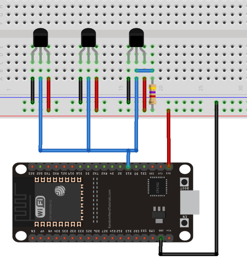 Схема подключения нескольких DS18B20 к ESP32