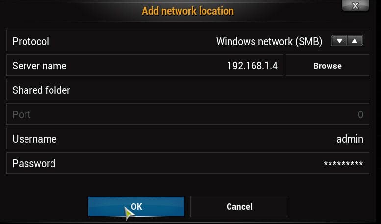 Ввод данных сервера NAS