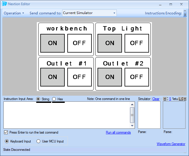 Окно отладки Nextion Editor