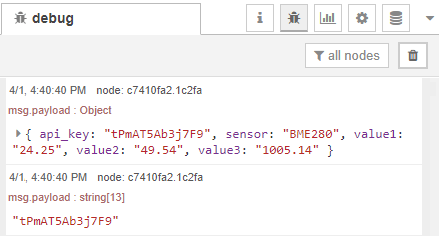 Отладочное окно Node-RED - HTTP POST значения