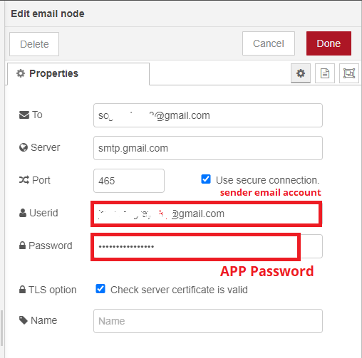 Свойства узла email для отправки в Node-RED
