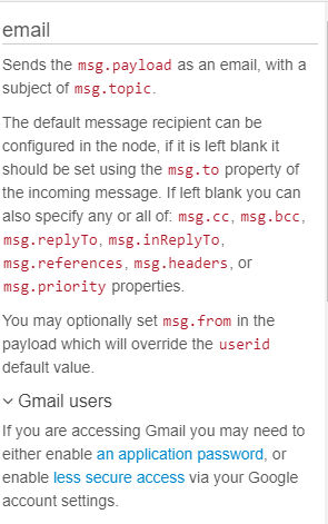 Документация узлов email Node-RED