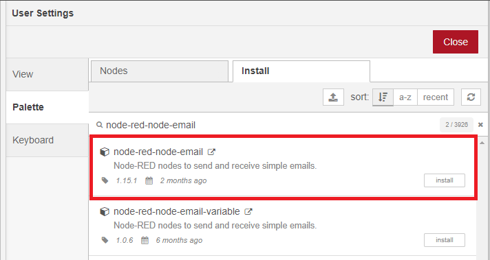 Node-RED установка узлов email
