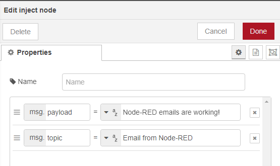 Узел inject для отправки email в Node-RED