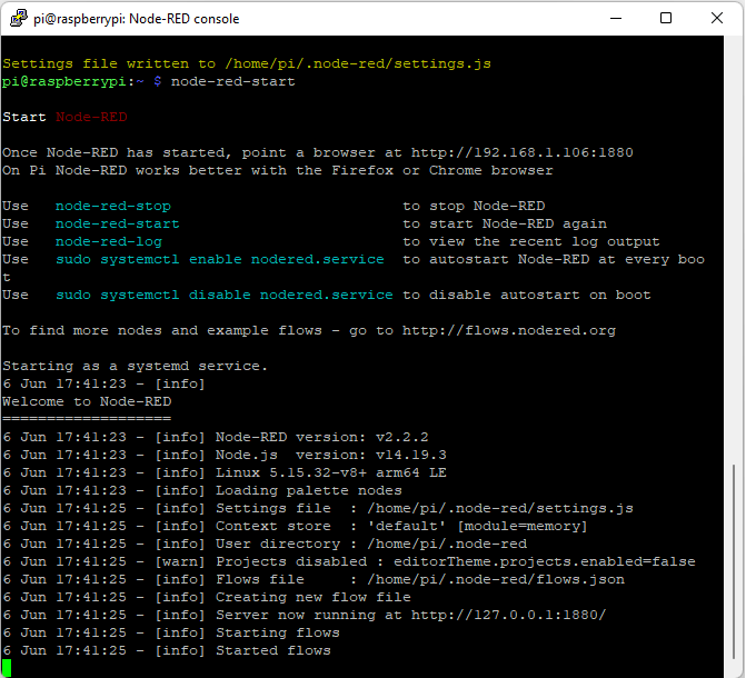 Окно терминала при запуске Node-RED