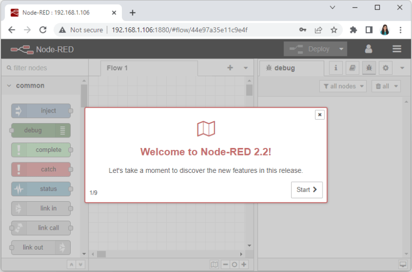 Экран приветствия Node-RED