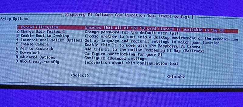 Экран raspi-config после установки