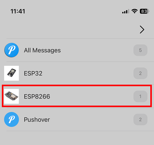 Новое уведомление ESP8266 получено в приложении Pushover