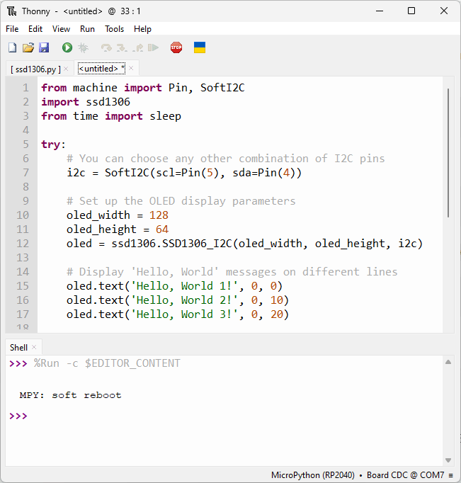 Код OLED MicroPython для Raspberry Pi Pico в Thonny IDE