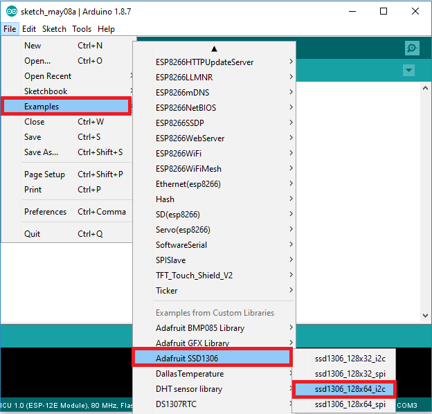 Тестирование примера библиотеки Adafruit SSD1306