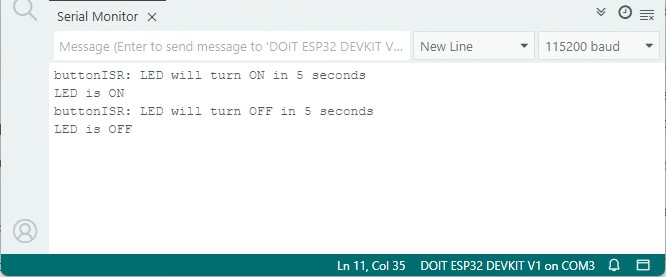 Выключение светодиода по нажатию кнопки с одноразовым таймером -- демонстрация Serial Monitor