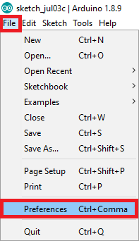 Установка дополнения платы ESP8266 в Arduino IDE - открытие настроек