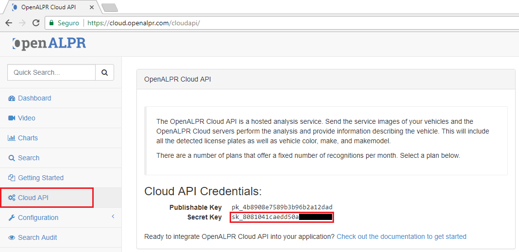 Секретный ключ OpenALPR Cloud API