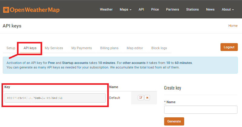 Копирование API-ключа OpenWeatherMap