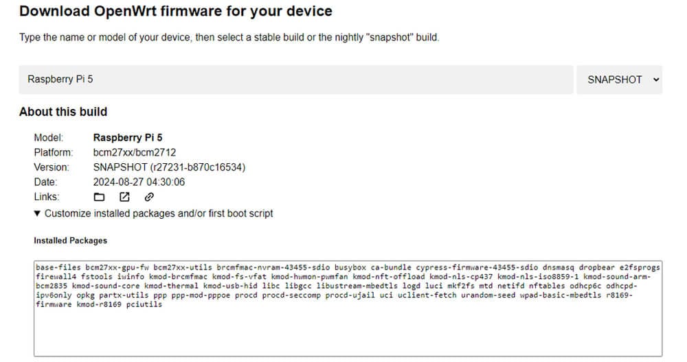 Страница SNAPSHOT OpenWrt для Raspberry Pi 5