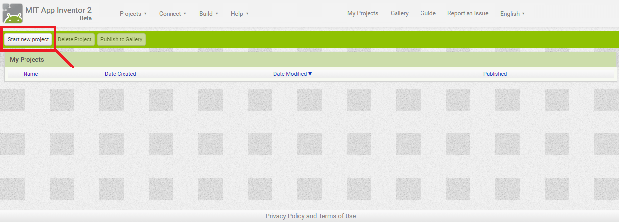MIT App Inventor 2 — создание нового проекта