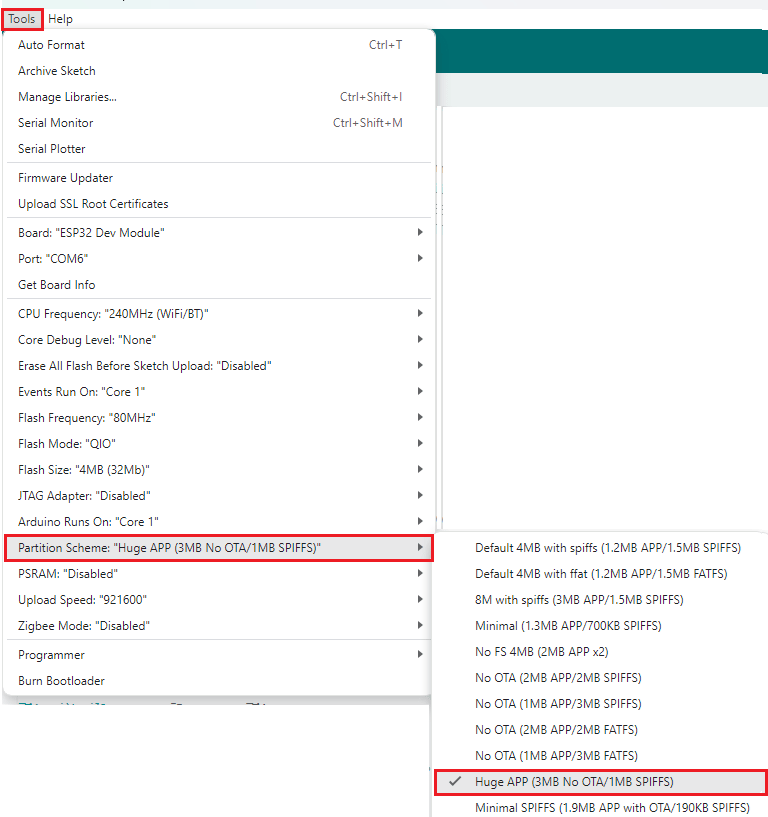 Выбор схемы разделов Huge App в меню Tools Arduino IDE