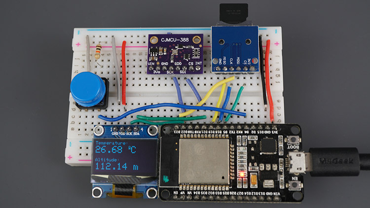 ESP32 BMP388 датчик высоты давления температуры Arduino OLED SSD1306 MicroSD карта - демонстрация