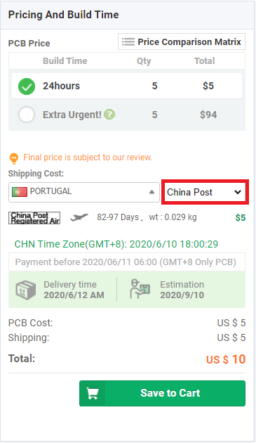 PCBWay заказ PCB -- способ доставки China Post