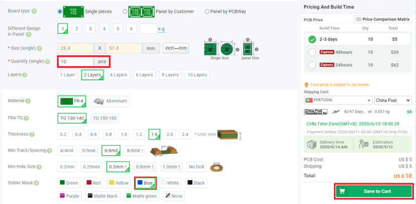 PCBWay заказ PCB -- финальный шаг и сохранение в корзину
