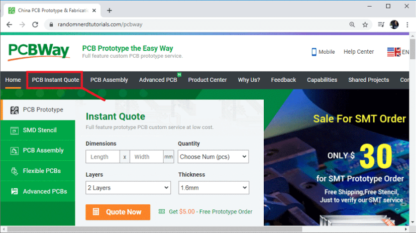 PCBWay заказ PCB -- страница быстрого расчёта