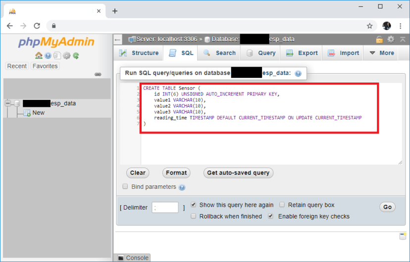 ESP32 ESP8266 phpMyAdmin — создание SQL-таблицы