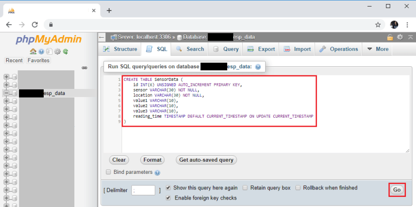 Создание SQL-таблицы в phpMyAdmin ESP32 ESP8266