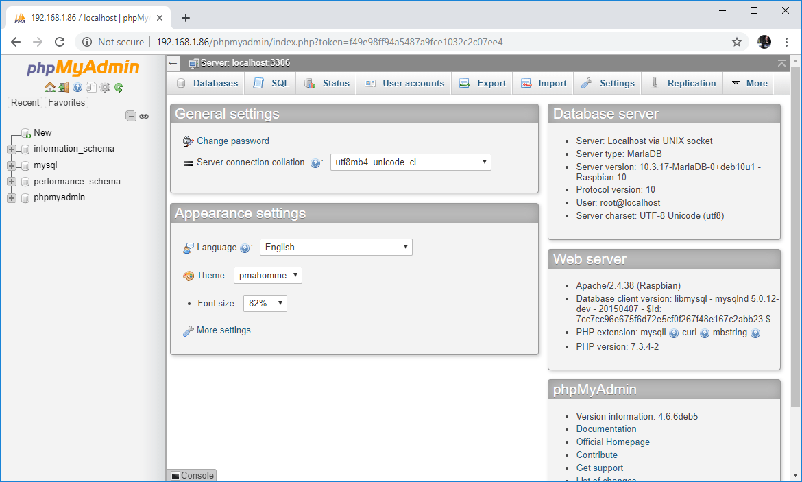 Raspberry Pi phpMyAdmin после входа
