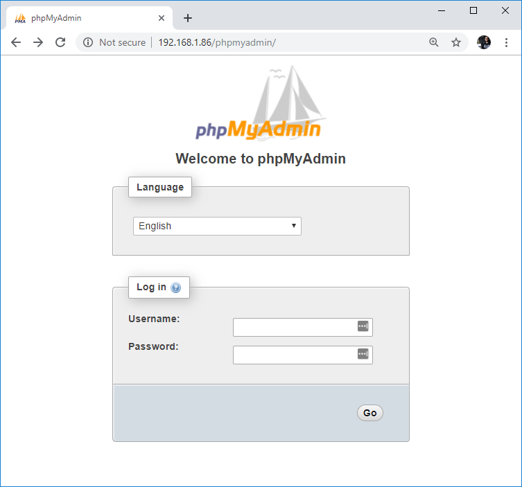 Raspberry Pi страница входа phpMyAdmin