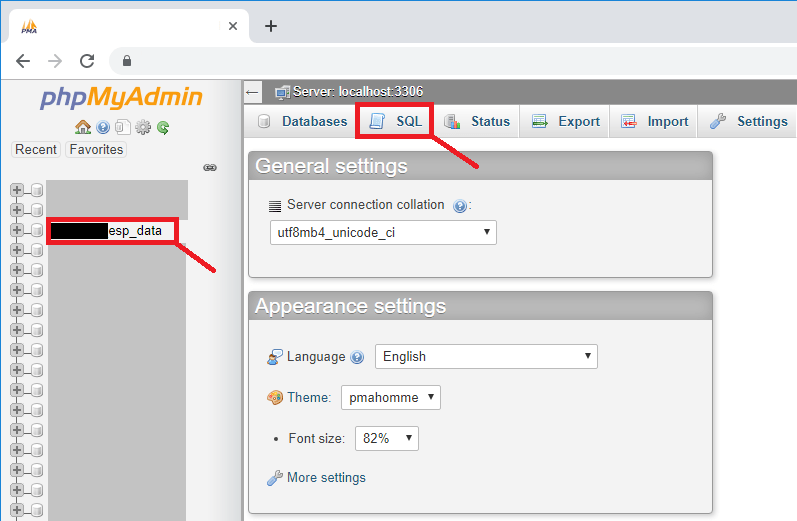 Открытие базы данных в phpMyAdmin