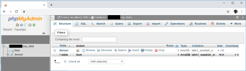 ESP32 ESP8266 phpMyAdmin — просмотр базы данных SQL