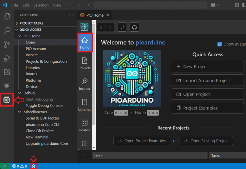 Расширение VS Code pioarduino IDE - главное меню