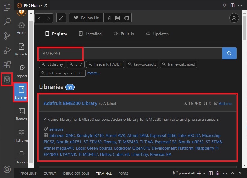 Установка библиотек pioarduino в VS Code