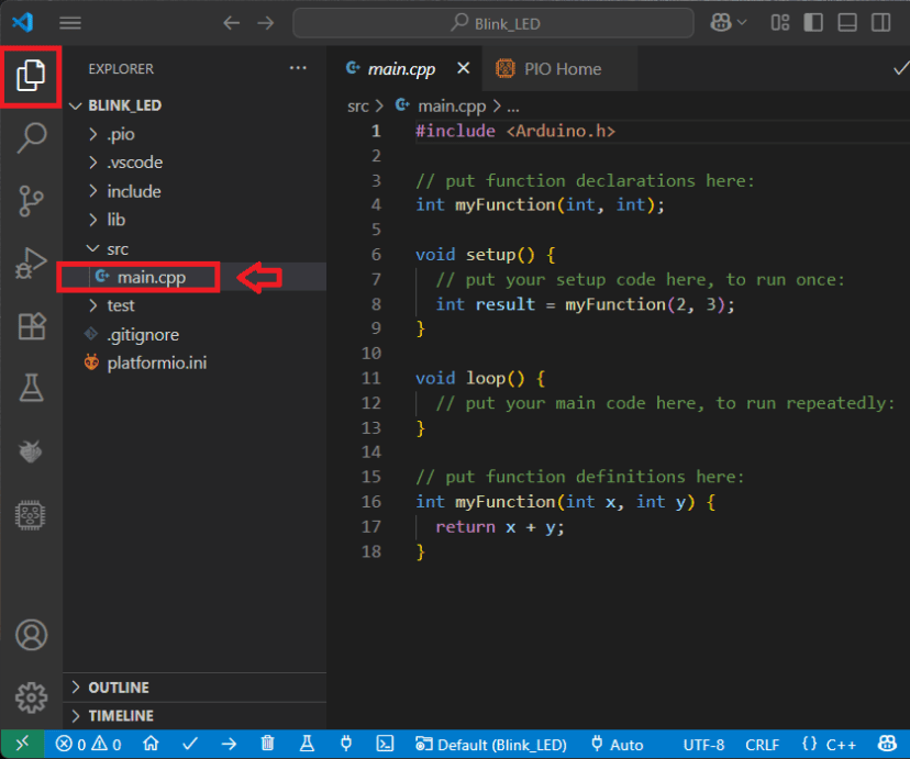 VS Code pioarduino IDE - файл main.cpp по умолчанию